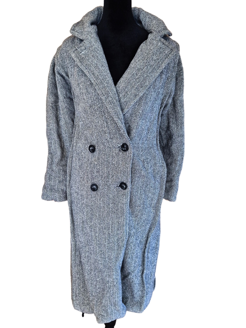 Stephane Mathews Gray Herringbone Long Coat Wool Blend Size 8 USA Vintage